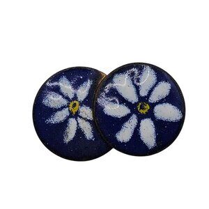 Vintage Blue White Daisy Flower Enamel Glazed Cloisonné Round Brooch Pin Jewelry